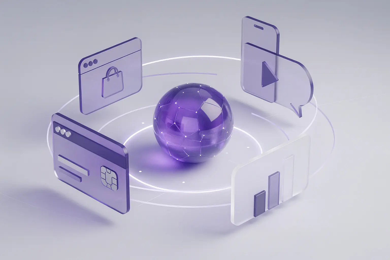 DepSell's AI core surrounded by glass cards for a website, a video post, a chat, a payment and a sales chart
